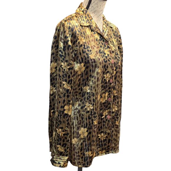 Vtg Mesmerize Women Petite XL Sheer Blouse Floral Gold Shimmer Animal Print Fall - Picture 4 of 16